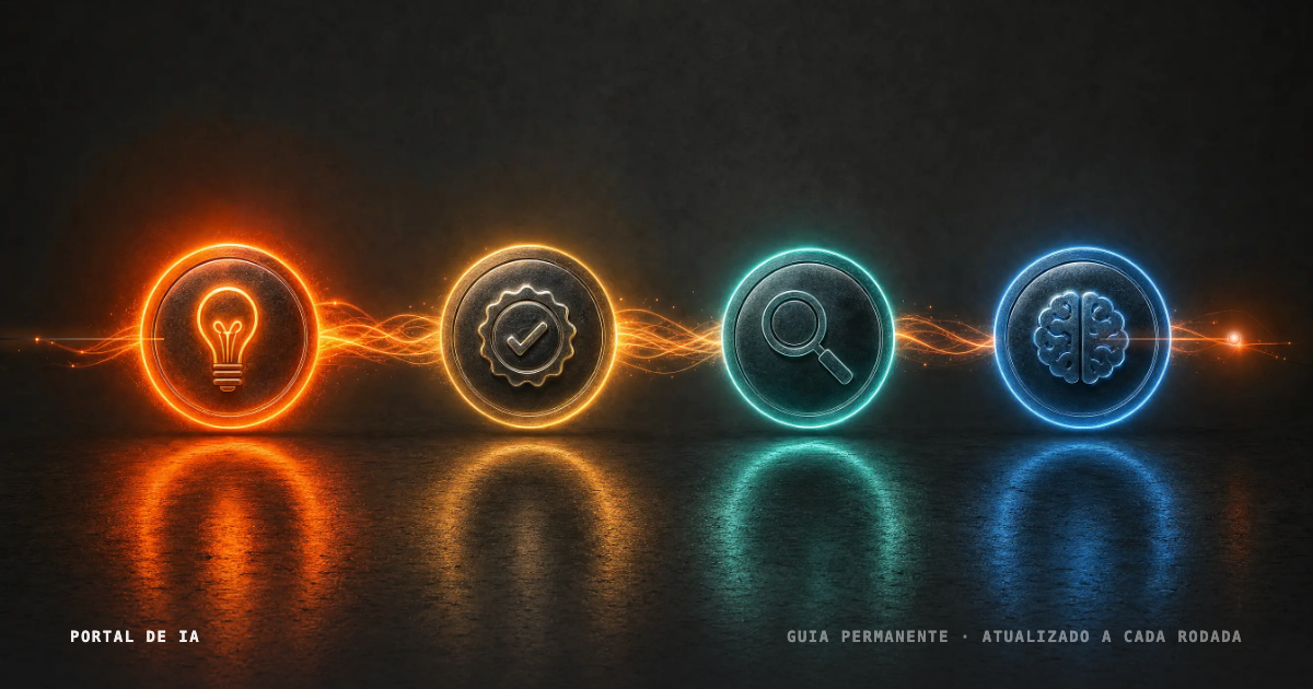 Capa do guia de superpoderes do Magnus: quatro medalhões de luz neon ligados por feixes de energia sobre fundo escuro, cada um com um símbolo de uma família de superpoderes